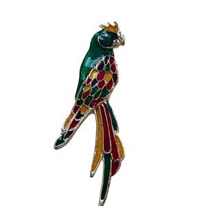 Vintage Parrot Brooch Multicolor Enamel Silver Tone Bird Pin Jewelry